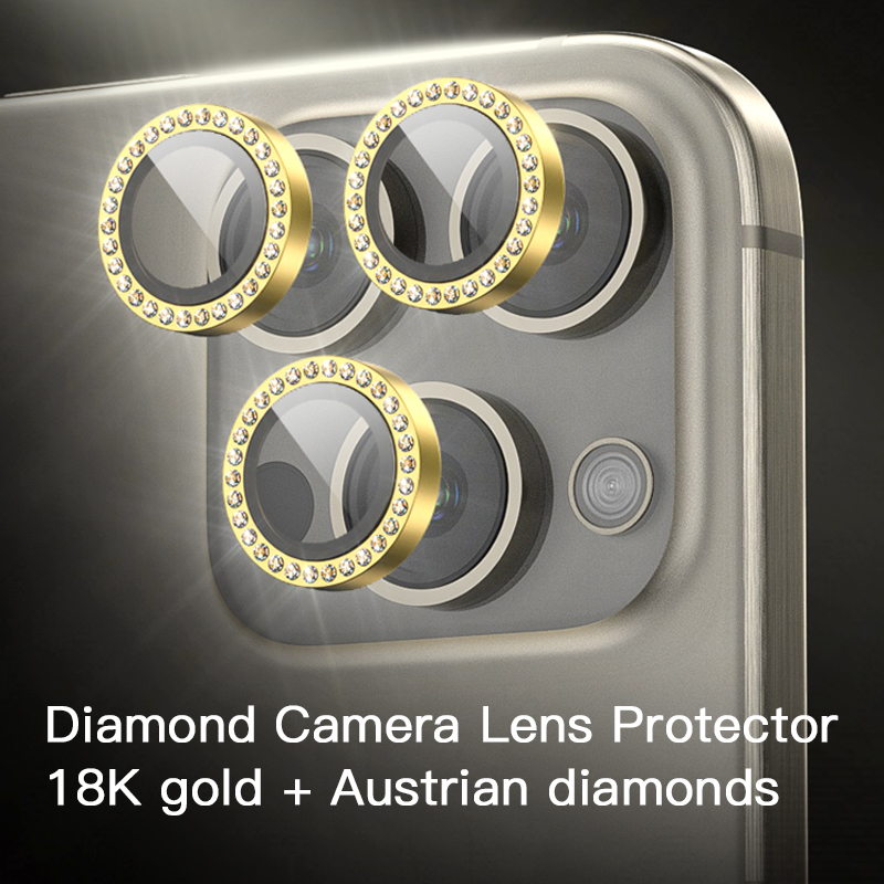 Mode OEM 18K Gold + Österreich Diamanten Bunter kratzfester iPhone-Kameraobjektivschutz aus gehärtetem Glas