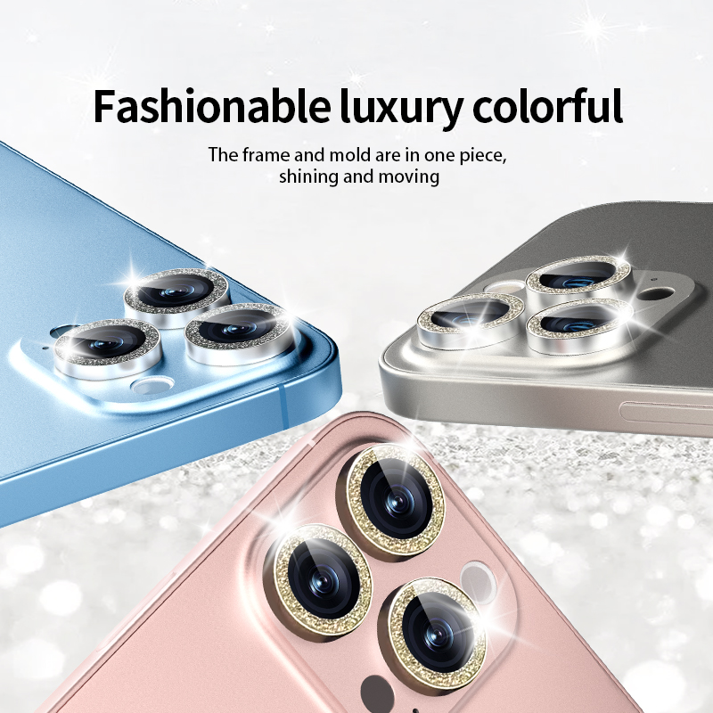 IPhone 15 Pro Max Shining Diamond Kameraobjektiv-Displayschutzfolie aus 9H-individuellem Metall mit Glas-Kameraobjektivfolie